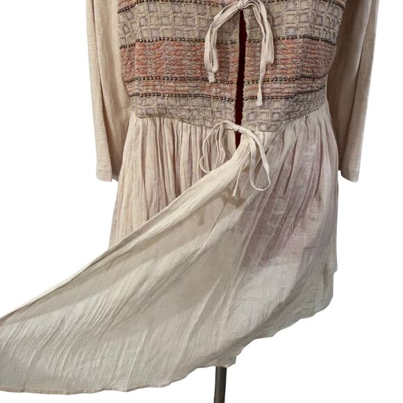 LOGO Lavish Cream tie front top 3/4 sleeve brocade bead embellished Boho size S - Picture 3 of 9